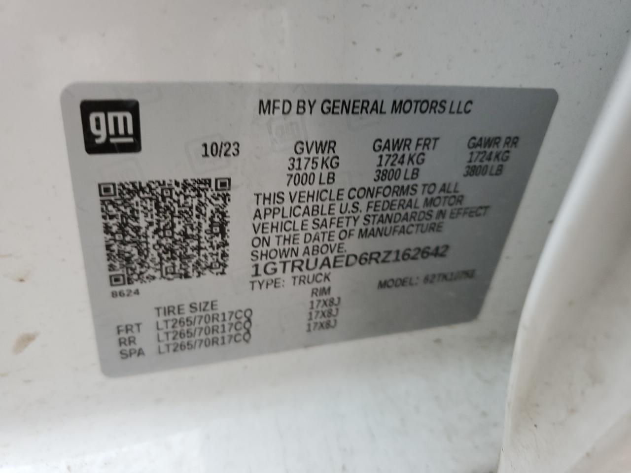 2024 GMC SIERRA K1500 VIN:1GTRUAED6RZ162642