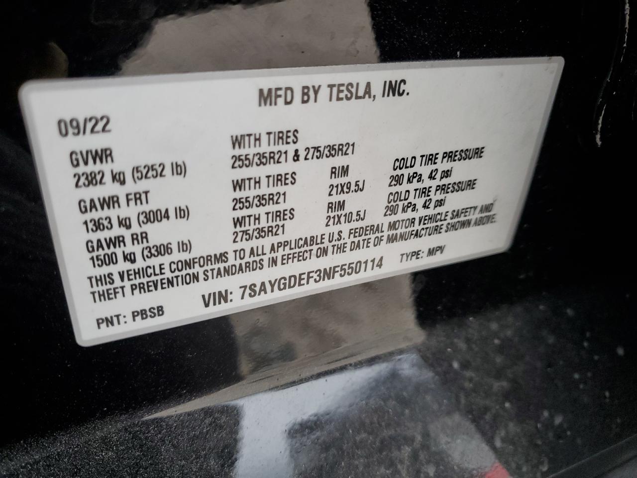 2022 TESLA MODEL Y  VIN:7SAYGDEF3NF550114