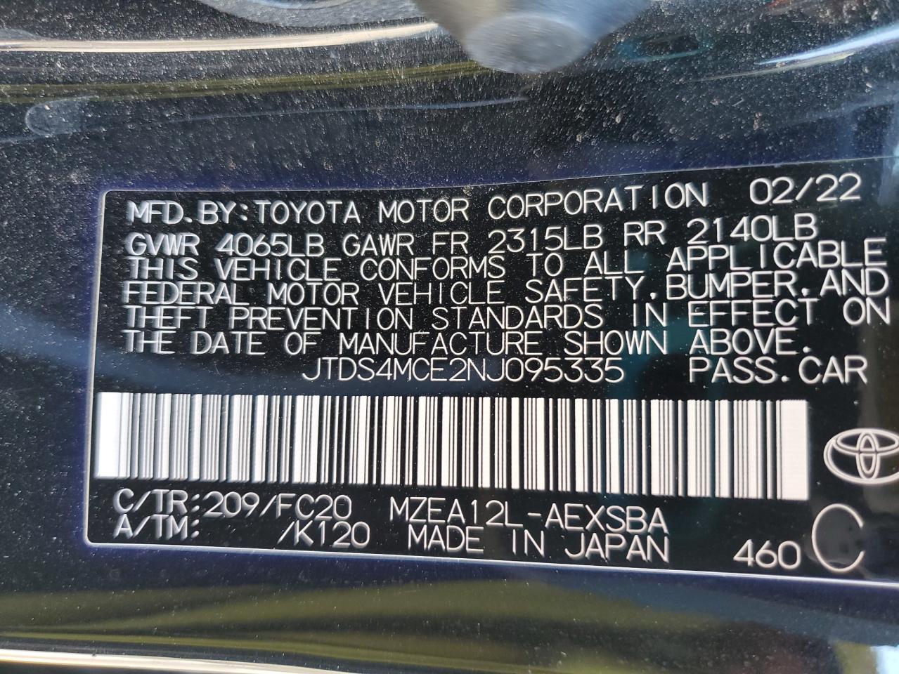 2022 TOYOTA COROLLA SE VIN:JTDS4MCE2NJ095335
