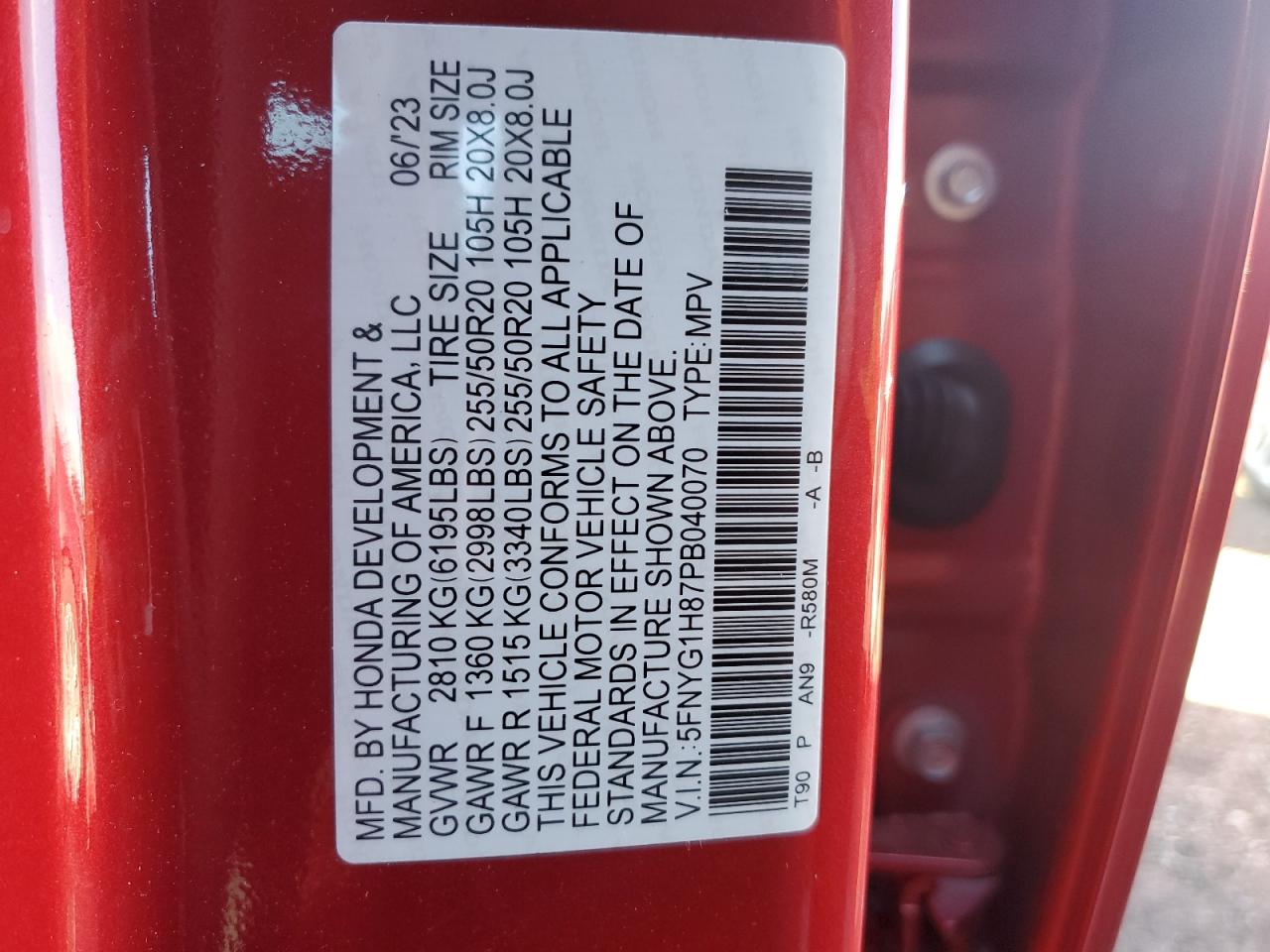 2023 HONDA PILOT ELITE VIN:5FNYG1H87PB040070