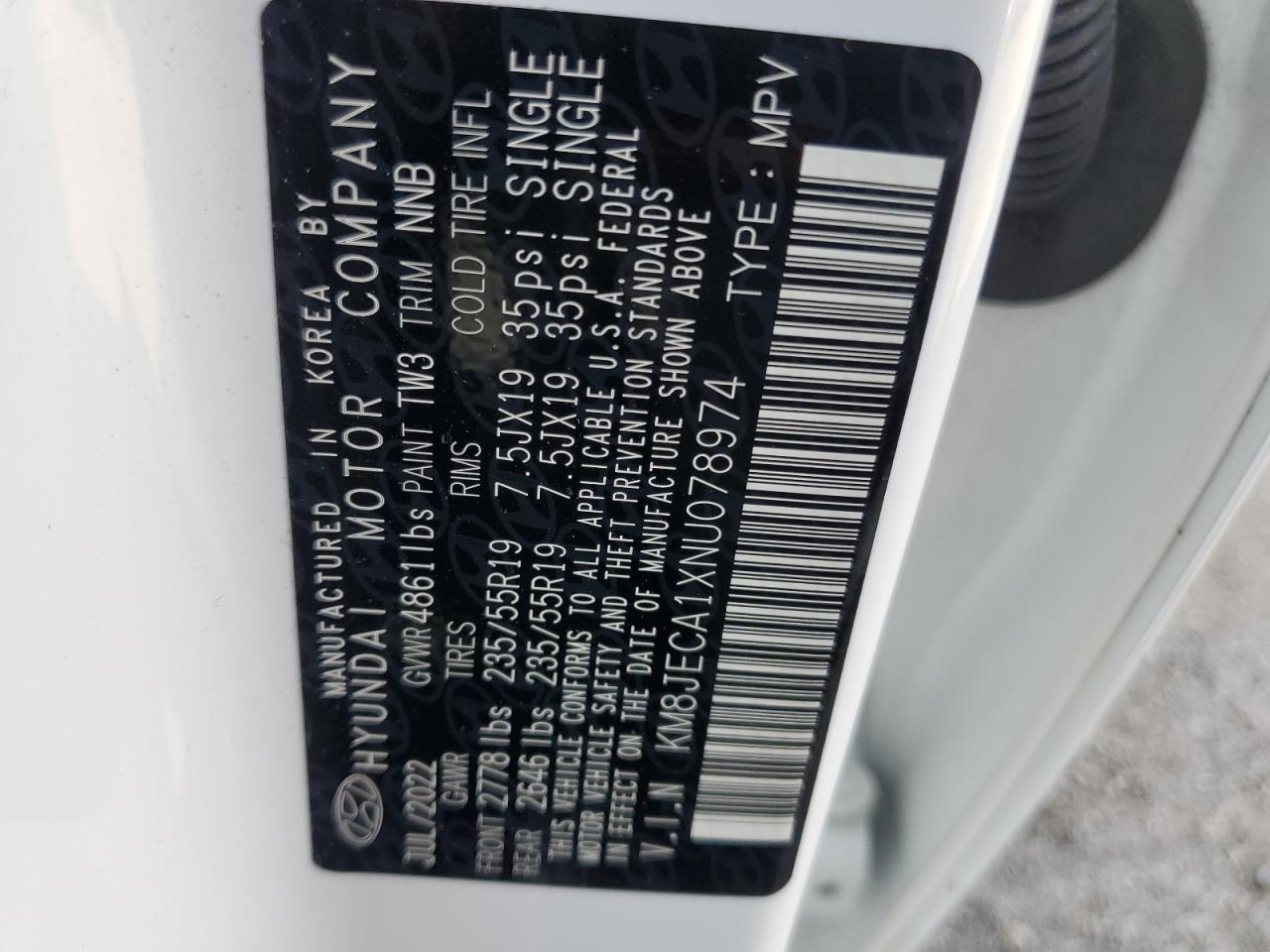 2022 HYUNDAI TUCSON LIMITED VIN:KM8JECA1XNU078974