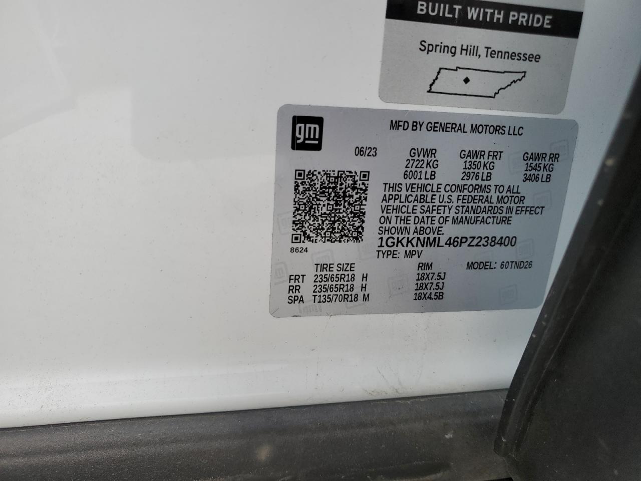 2023 GMC ACADIA SLT VIN:1GKKNML46PZ238400