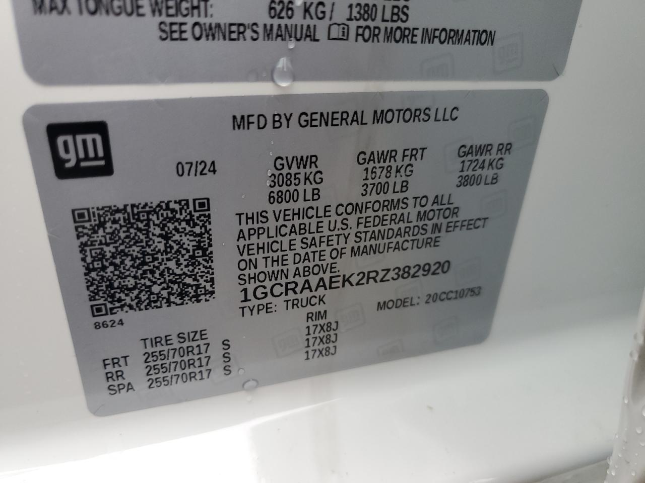 2024 CHEVROLET SILVERADO C1500 VIN:1GCRAAEK2RZ382920