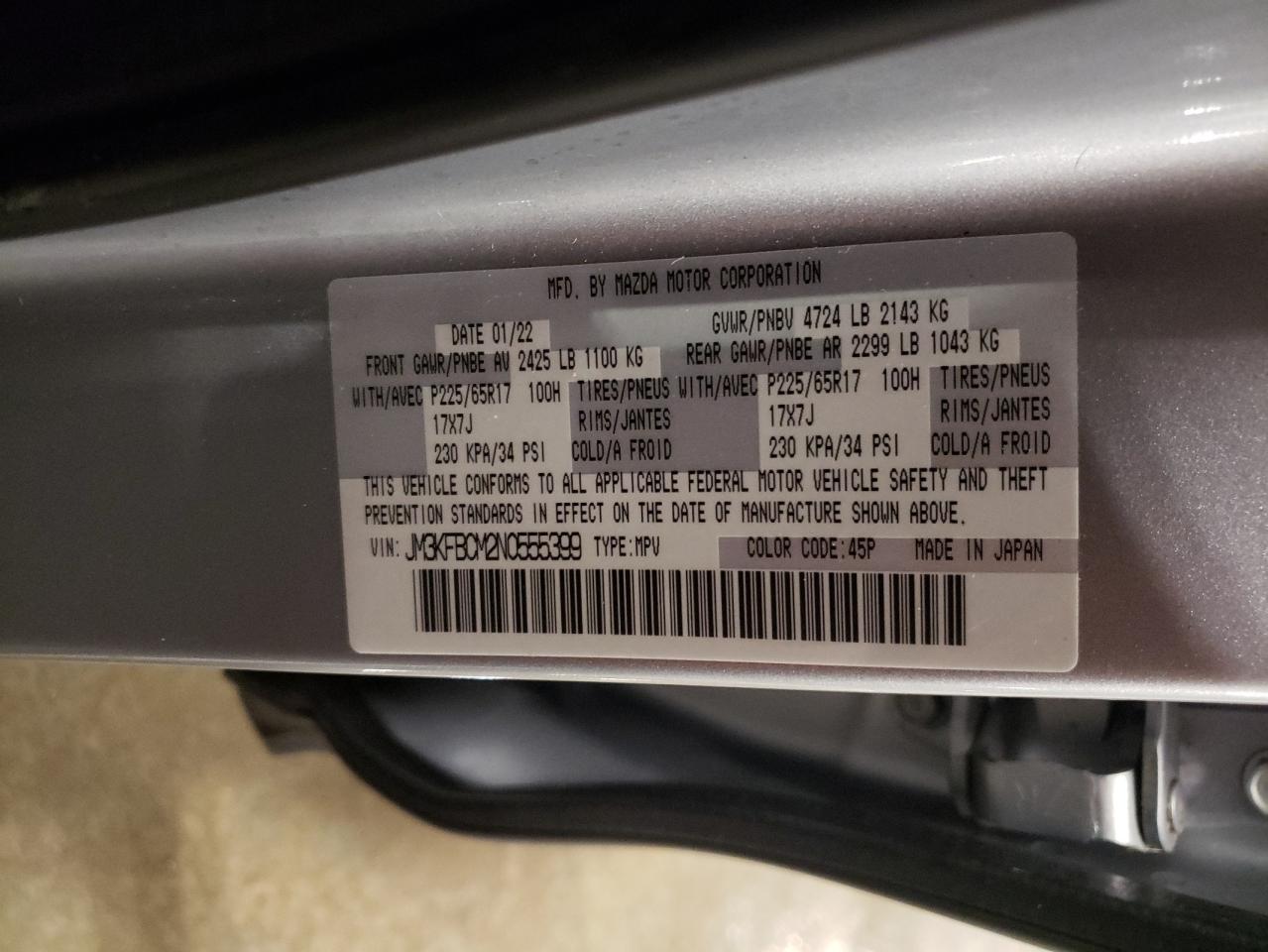 2022 MAZDA CX-5 PREFERRED VIN:JM3KFBCM2N0555399