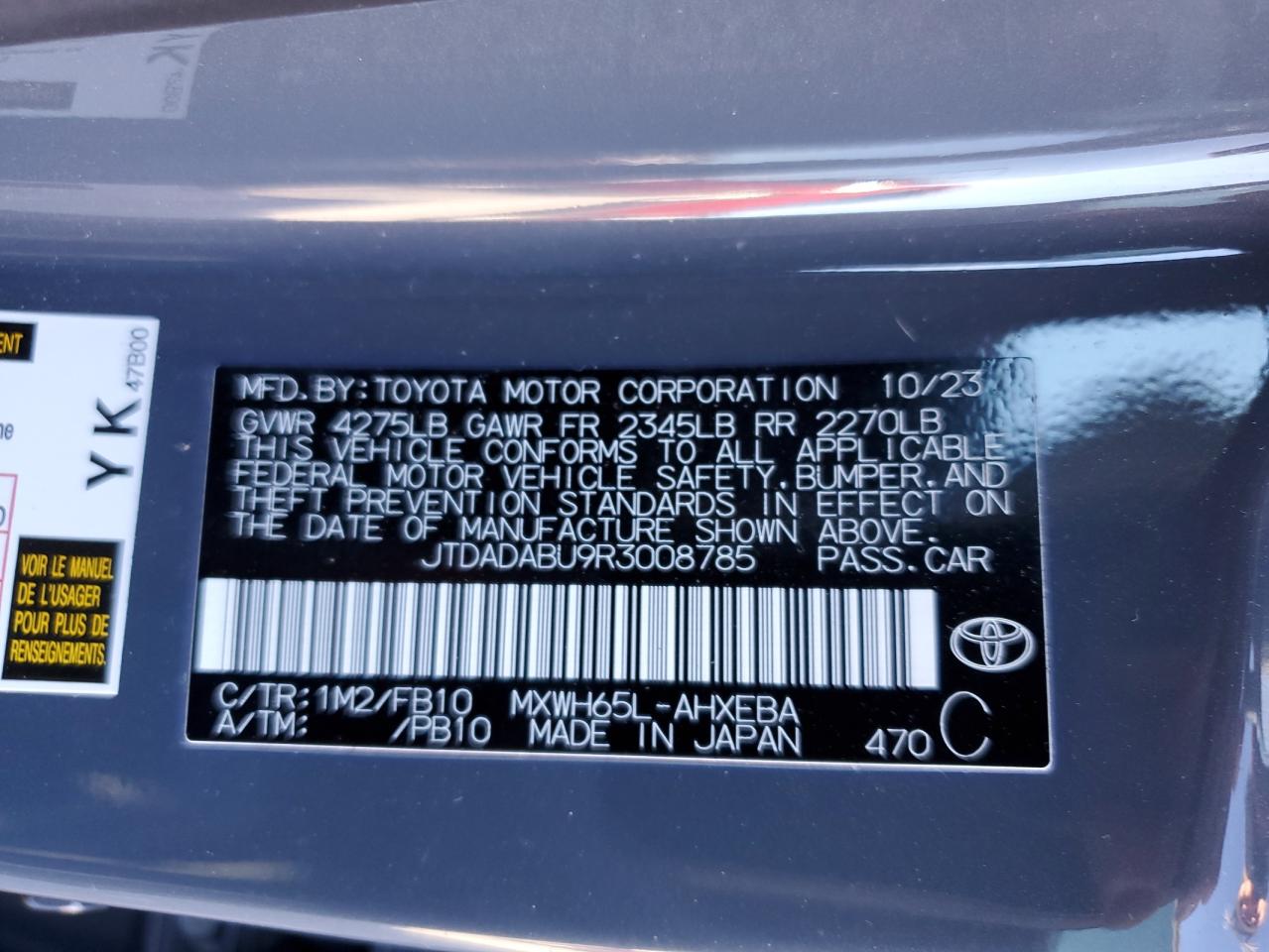 2024 TOYOTA PRIUS LE VIN:JTDADABU9R3008785