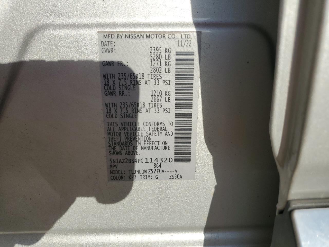 2023 NISSAN MURANO SV VIN:5N1AZ2BS4PC114320