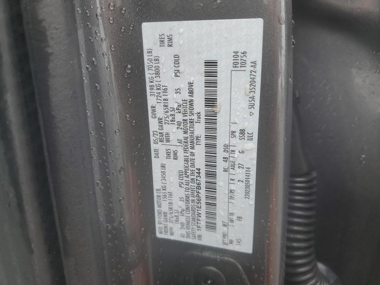 2023 FORD F150 SUPERCREW VIN:1FTFW1E56PFB67344