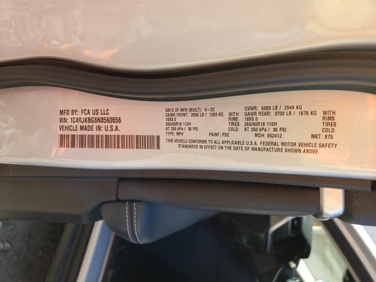 2022 JEEP GRAND CHEROKEE L LIMITED VIN:1C4RJKBG6N8560656