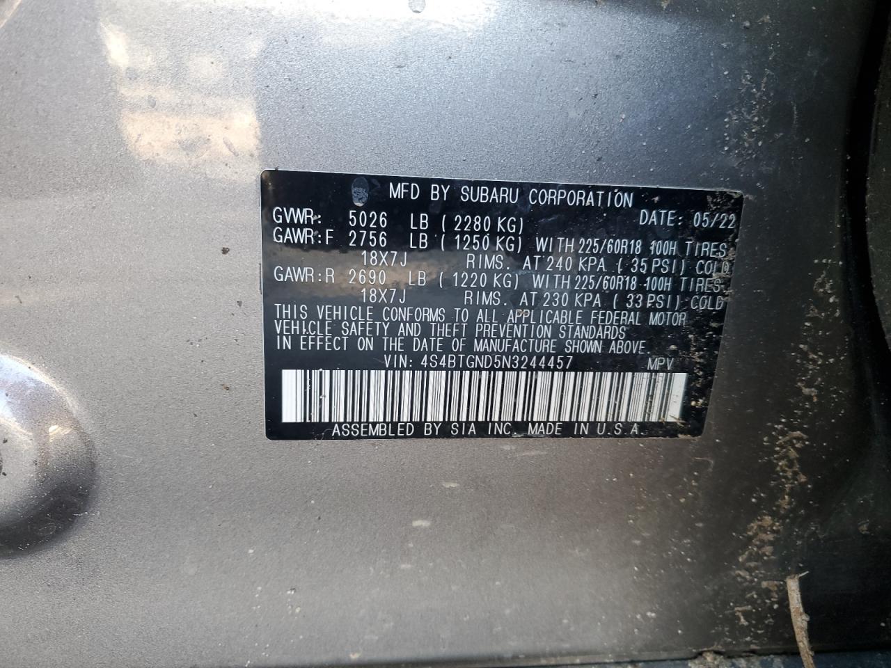 2022 SUBARU OUTBACK LIMITED XT VIN:4S4BTGND5N3244457