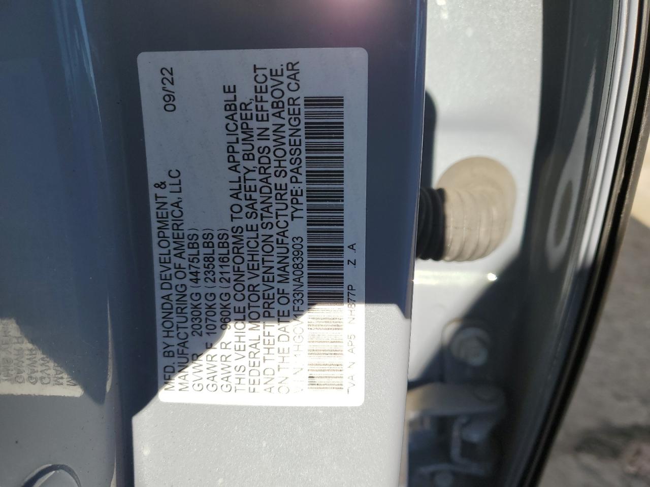 2022 HONDA ACCORD SPORT VIN:1HGCV1F33NA083903