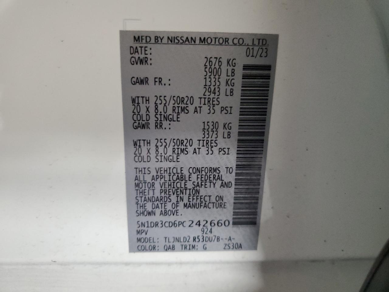 2023 NISSAN PATHFINDER SL VIN:5N1DR3CD6PC242660