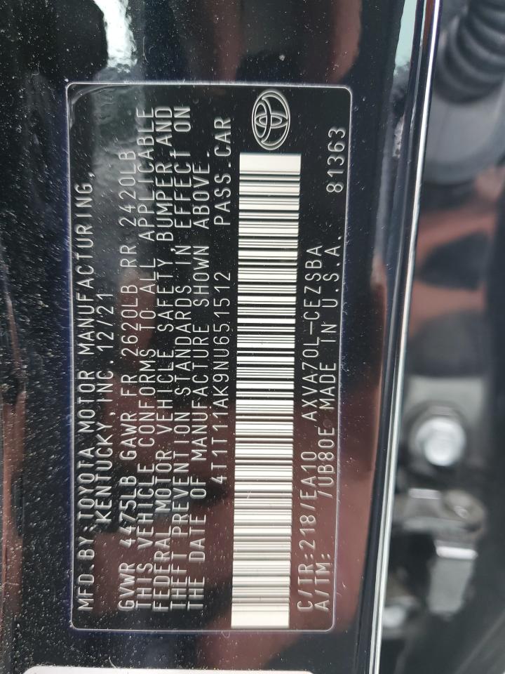 2022 TOYOTA CAMRY SE VIN:4T1T11AK9NU651512