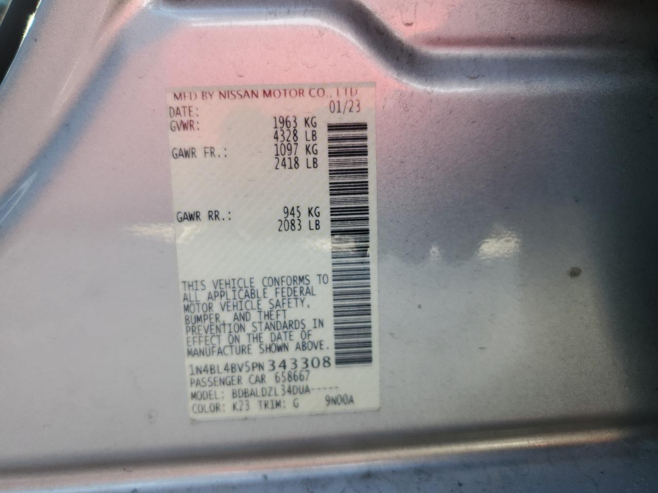 2023 NISSAN ALTIMA S VIN:1N4BL4BV5PN343308