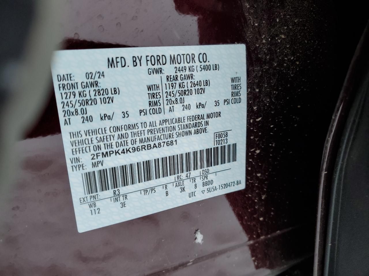 2024 FORD EDGE TITANIUM VIN:2FMPK4K96RBA87681