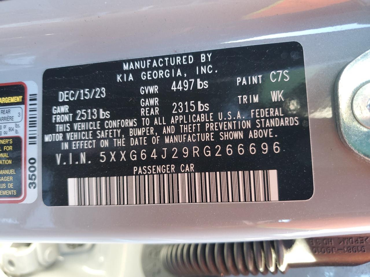 2024 KIA K5 GT LINE VIN:5XXG64J29RG266696