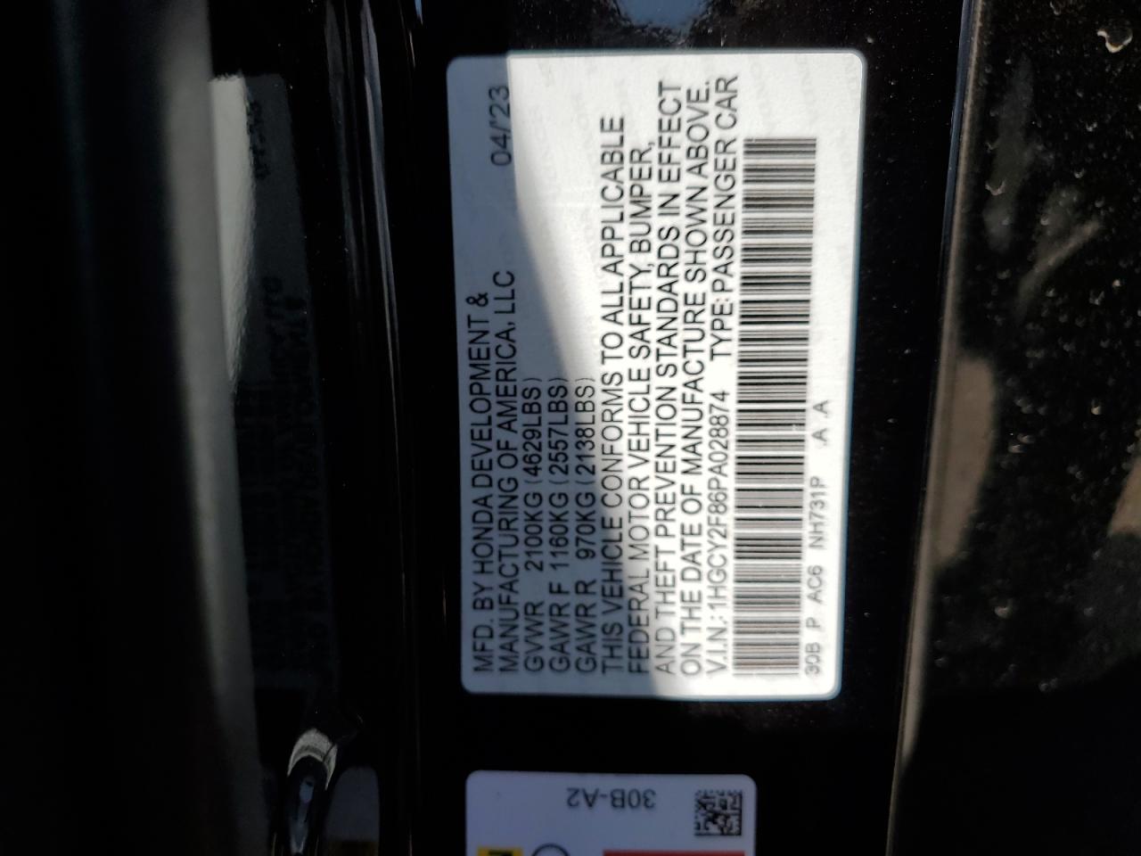 2023 HONDA ACCORD TOURING HYBRID VIN:1HGCY2F86PA028874