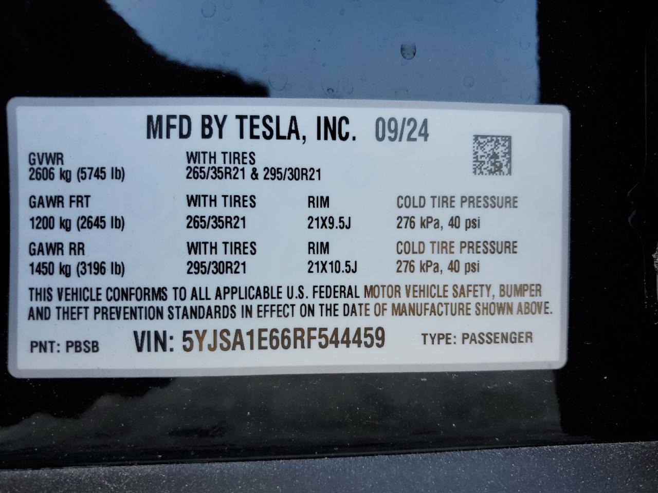 2024 TESLA MODEL S  VIN:5YJSA1E66RF544459