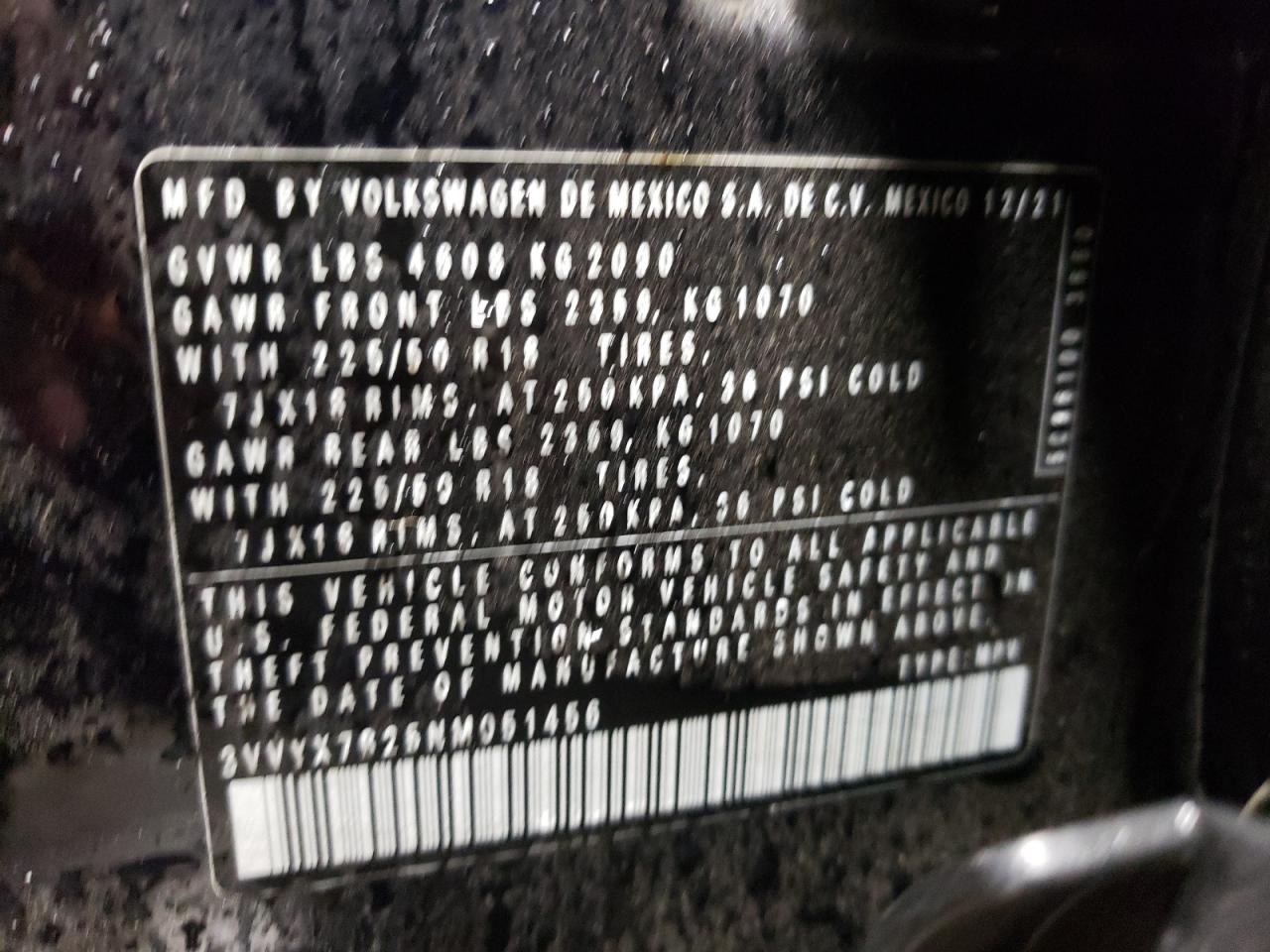 2022 VOLKSWAGEN TAOS SE VIN:3VVYX7B25NM051456