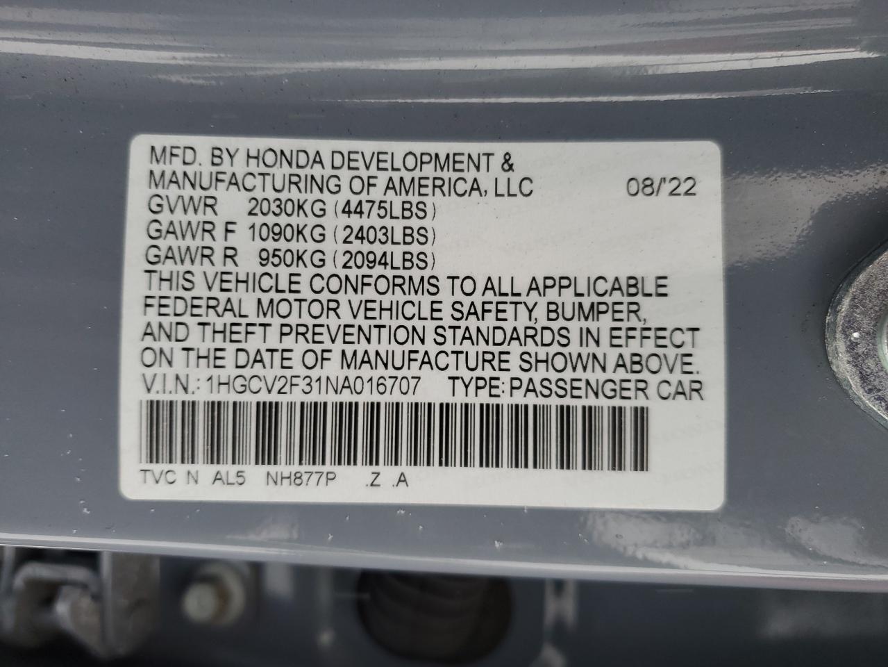 2022 HONDA ACCORD SPORT VIN:1G1BE5SM7J7164399