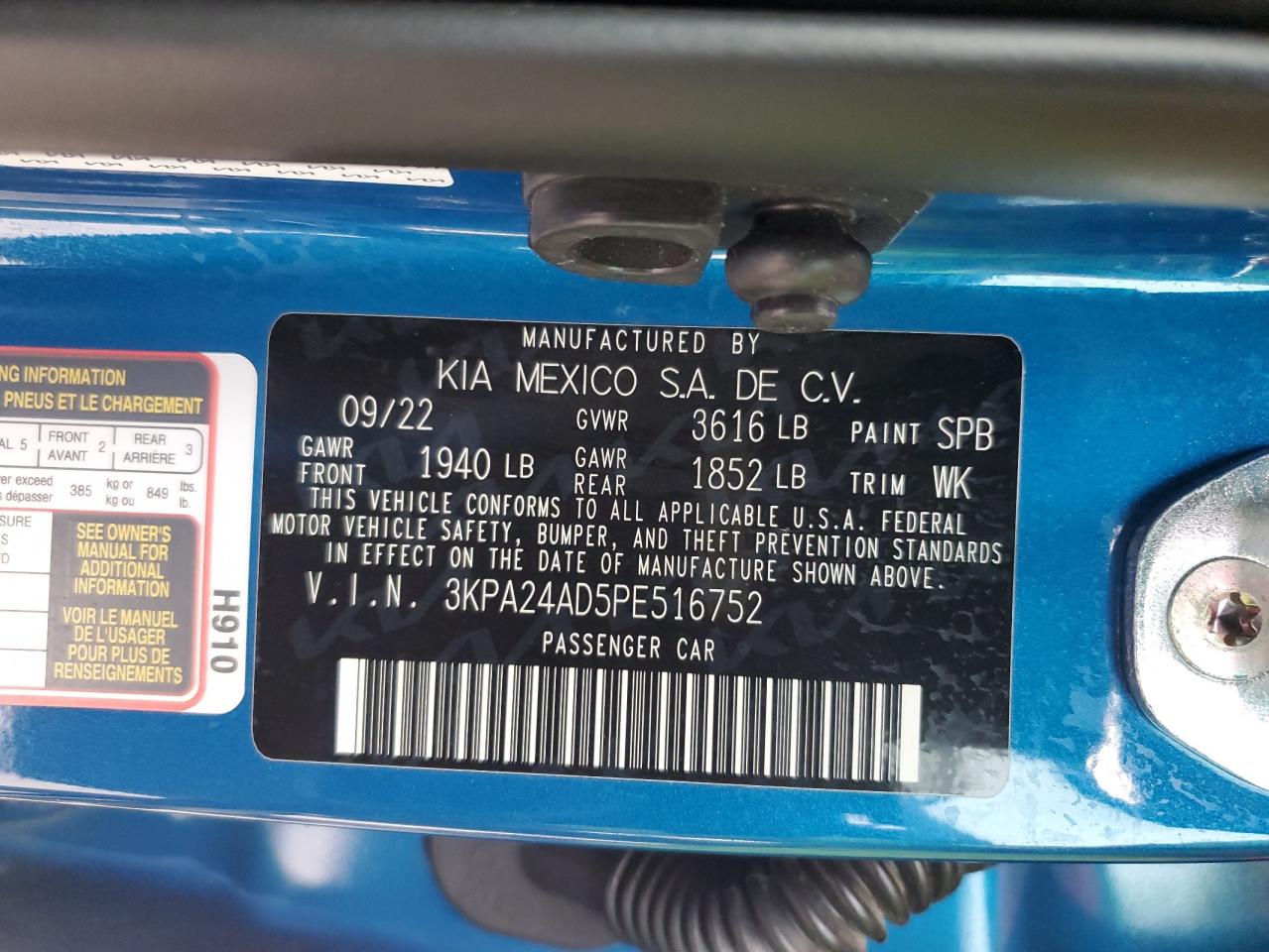 2023 KIA RIO LX VIN:3KPA24AD5PE516752