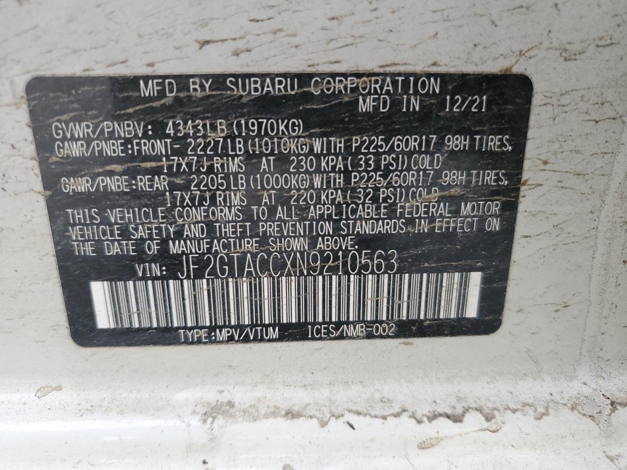 2022 SUBARU CROSSTREK PREMIUM VIN:JF2GTACCXN9210563