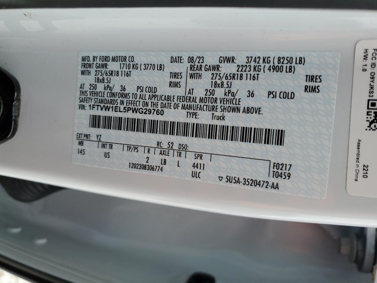2023 FORD F150 LIGHTNING PRO VIN:1FTVW1EL5PWG29760