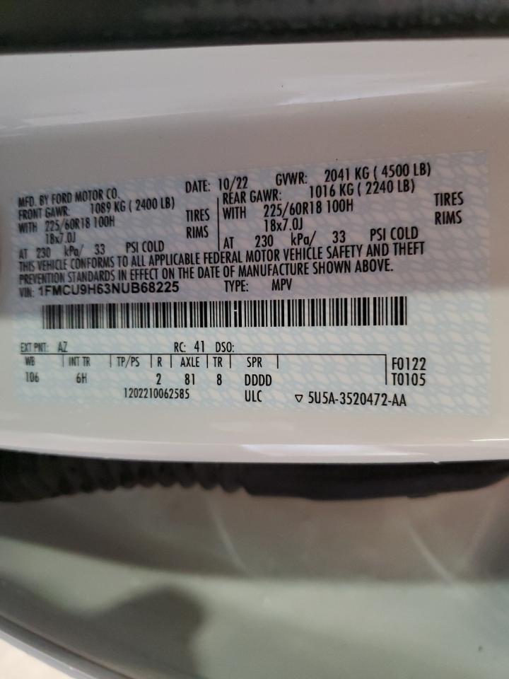 2022 FORD ESCAPE SEL VIN:1FMCU9H63NUB68225