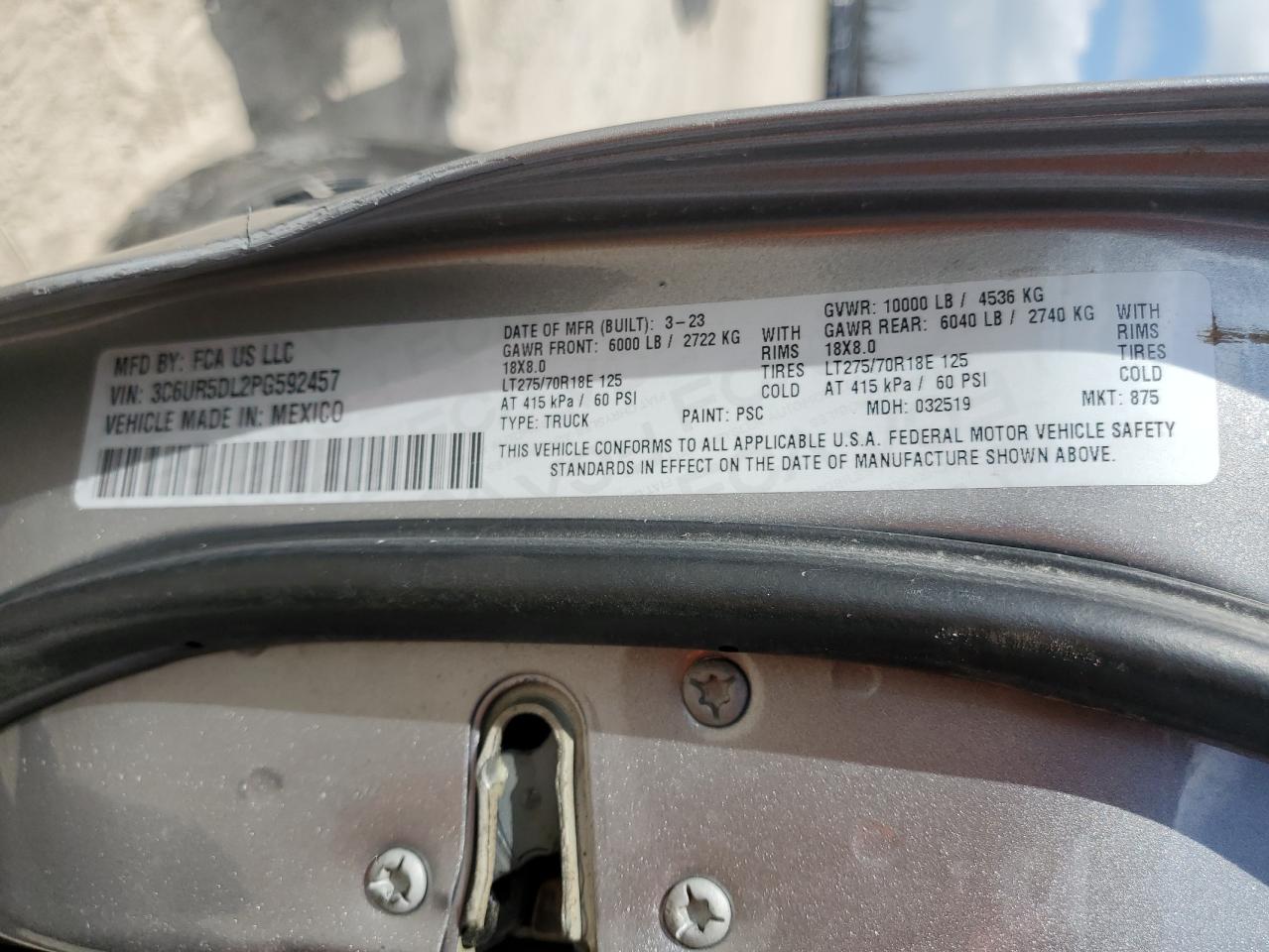 2023 RAM 2500 BIG HORN VIN:3C6UR5DL2PG592457