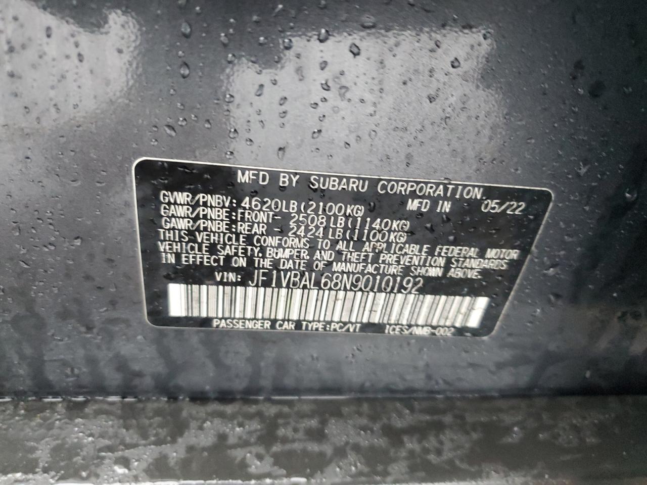 2022 SUBARU WRX LIMITED VIN:JF1VBAL68N9010192