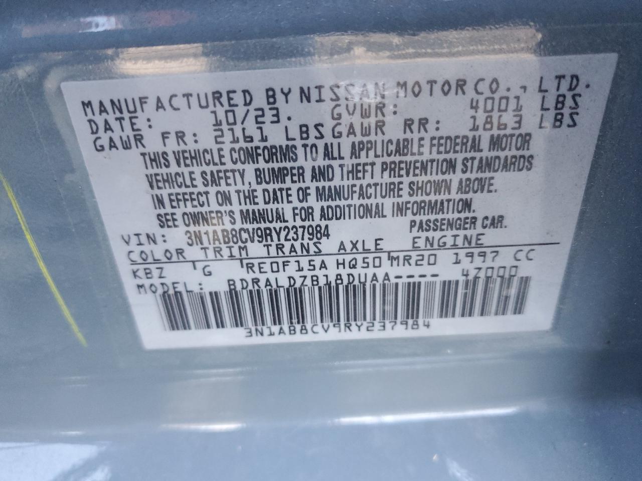 2024 NISSAN SENTRA SV VIN:3N1AB8CV9RY237984