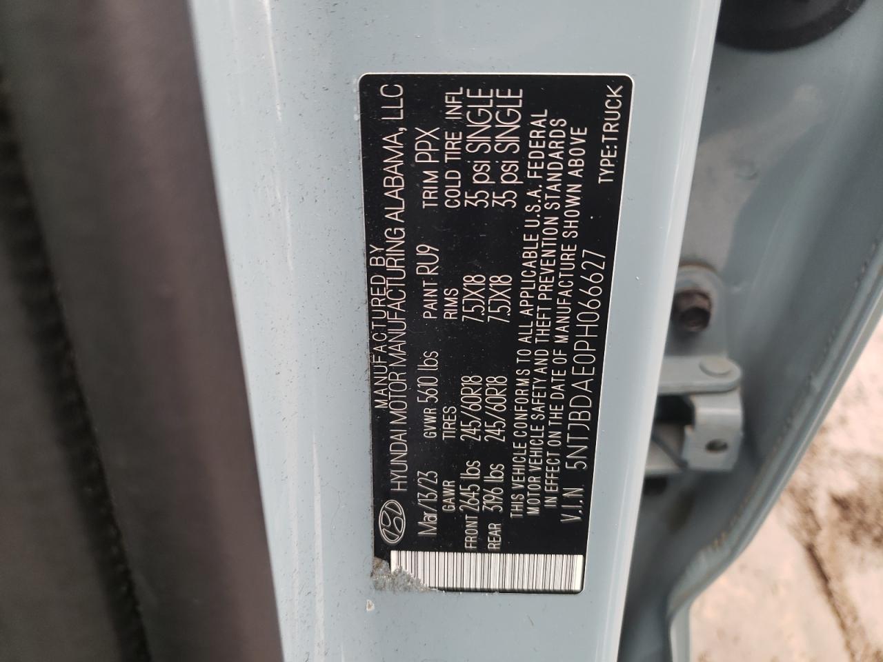 2023 HYUNDAI SANTA CRUZ SEL VIN:5NTJBDAE0PH066627