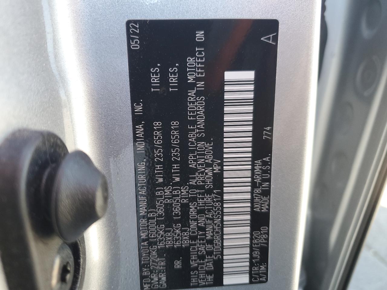 2022 TOYOTA HIGHLANDER HYBRID XLE VIN:5TDGBRCH5NS558171