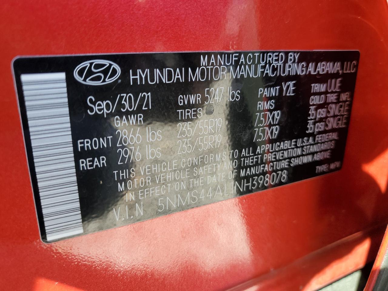 2022 HYUNDAI SANTA FE LIMITED VIN:5NMS44AL1NH398078