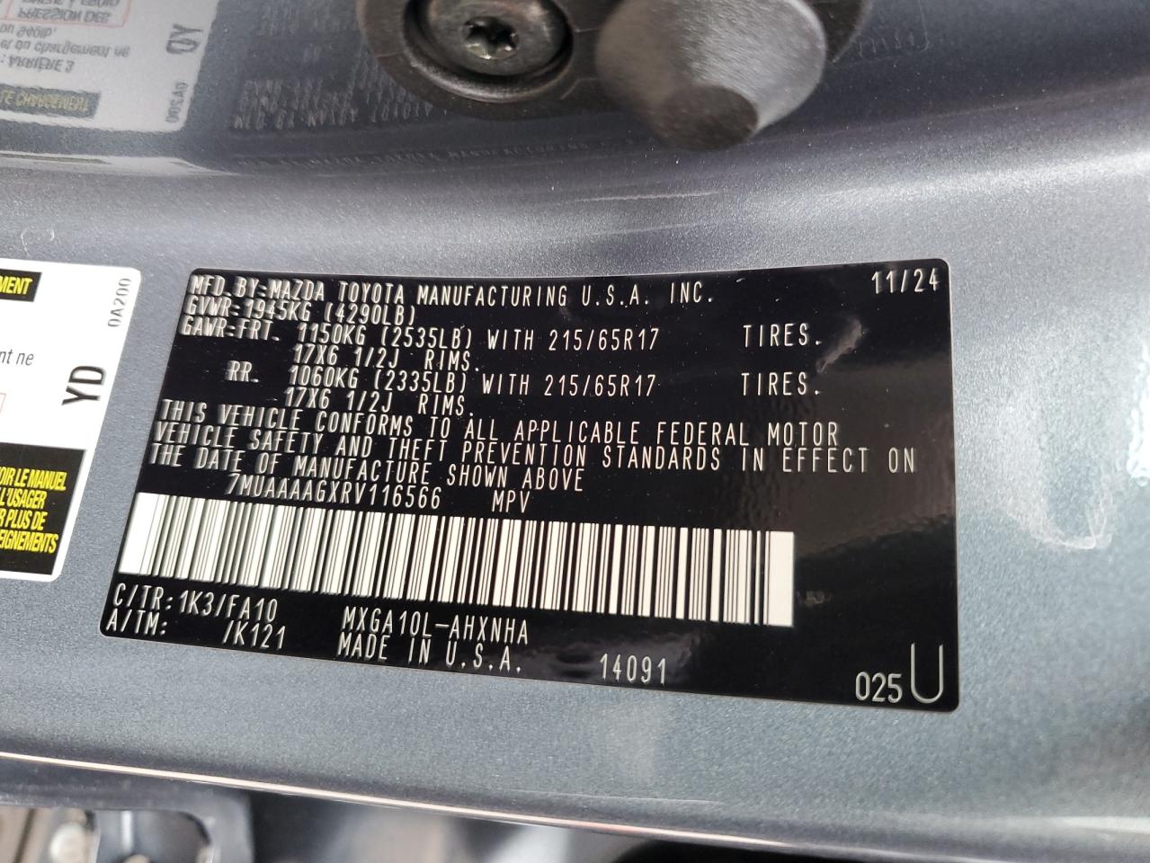 2024 TOYOTA COROLLA CROSS L VIN:7MUAAAAGXRV116566