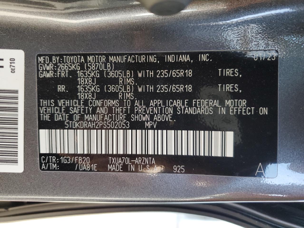 2023 TOYOTA HIGHLANDER L VIN:5TDKDRAH2PS502053