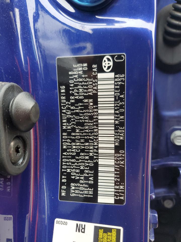 2022 TOYOTA COROLLA SE VIN:5YFP4MCE6NP119881