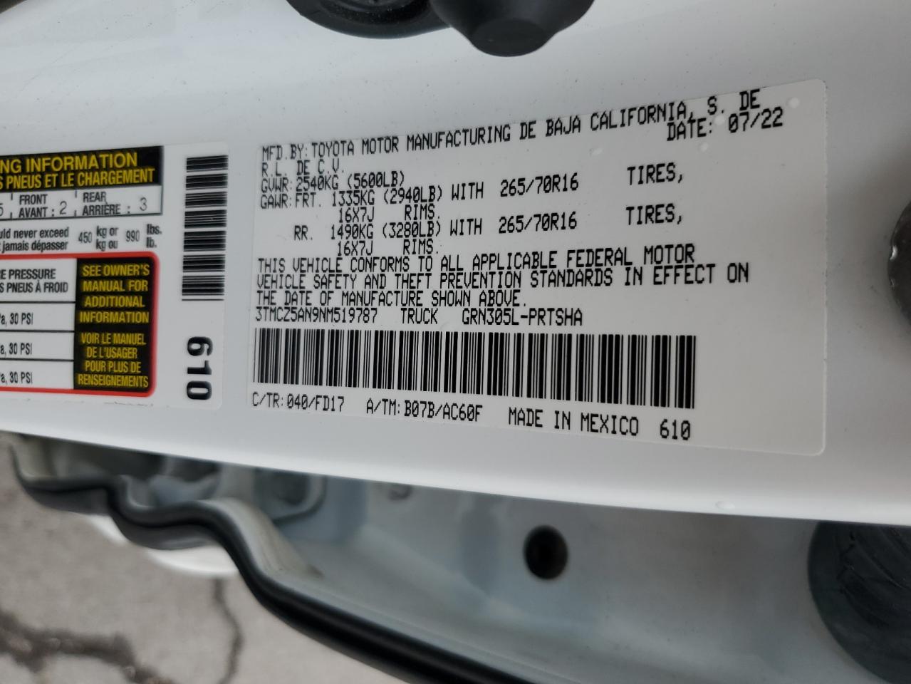 2022 TOYOTA TACOMA DOUBLE CAB VIN:3TMCZ5AN9NM519787