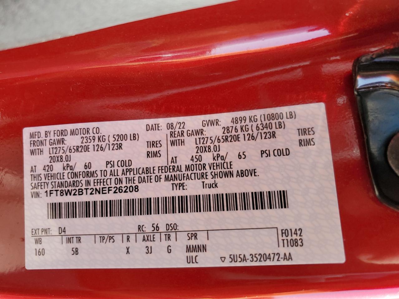 2022 FORD F250 SUPER DUTY VIN:1FT8W2BT2NEF26208