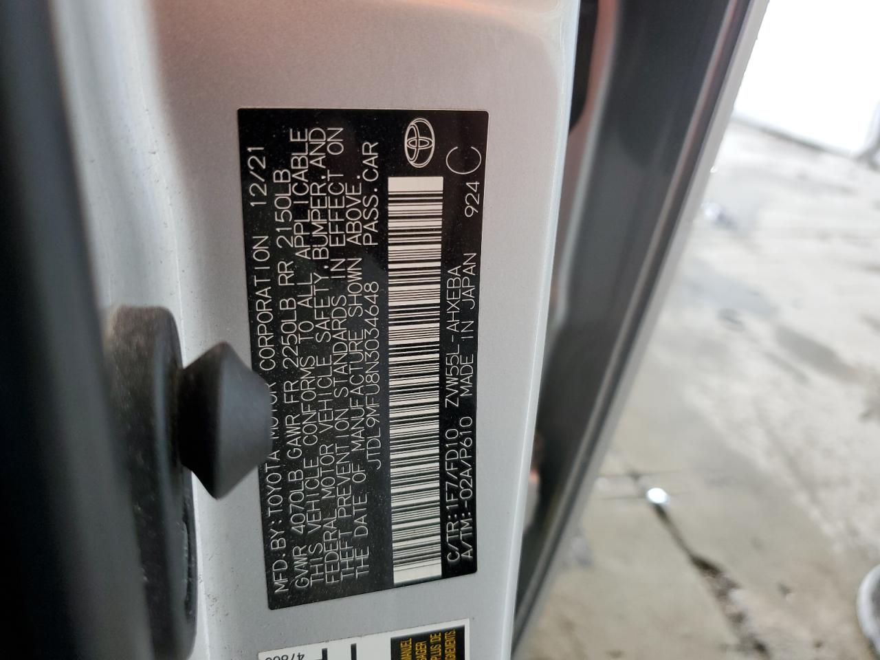 2022 TOYOTA PRIUS LE VIN:JTDL9MFU8N3034648