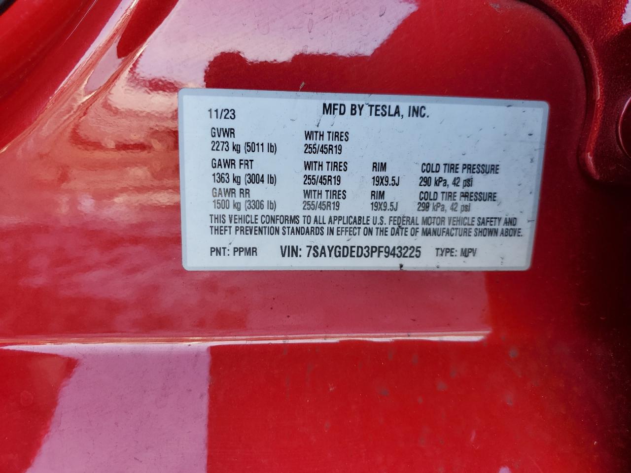 2023 TESLA MODEL Y  VIN:7SAYGDED3PF943225