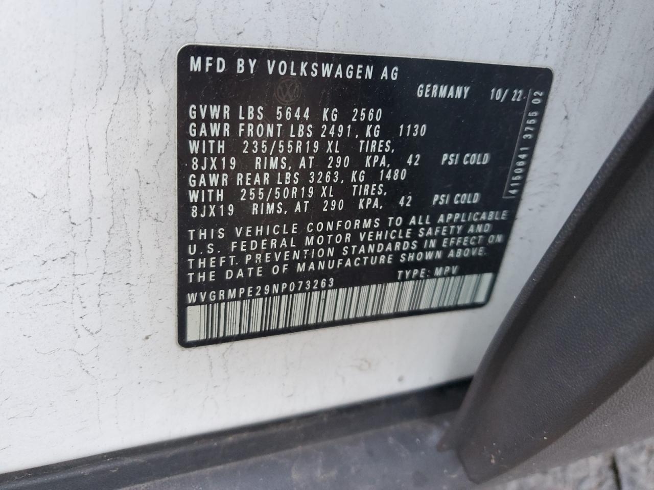 2022 VOLKSWAGEN ID.4 PRO VIN:WVGRMPE29NP073263