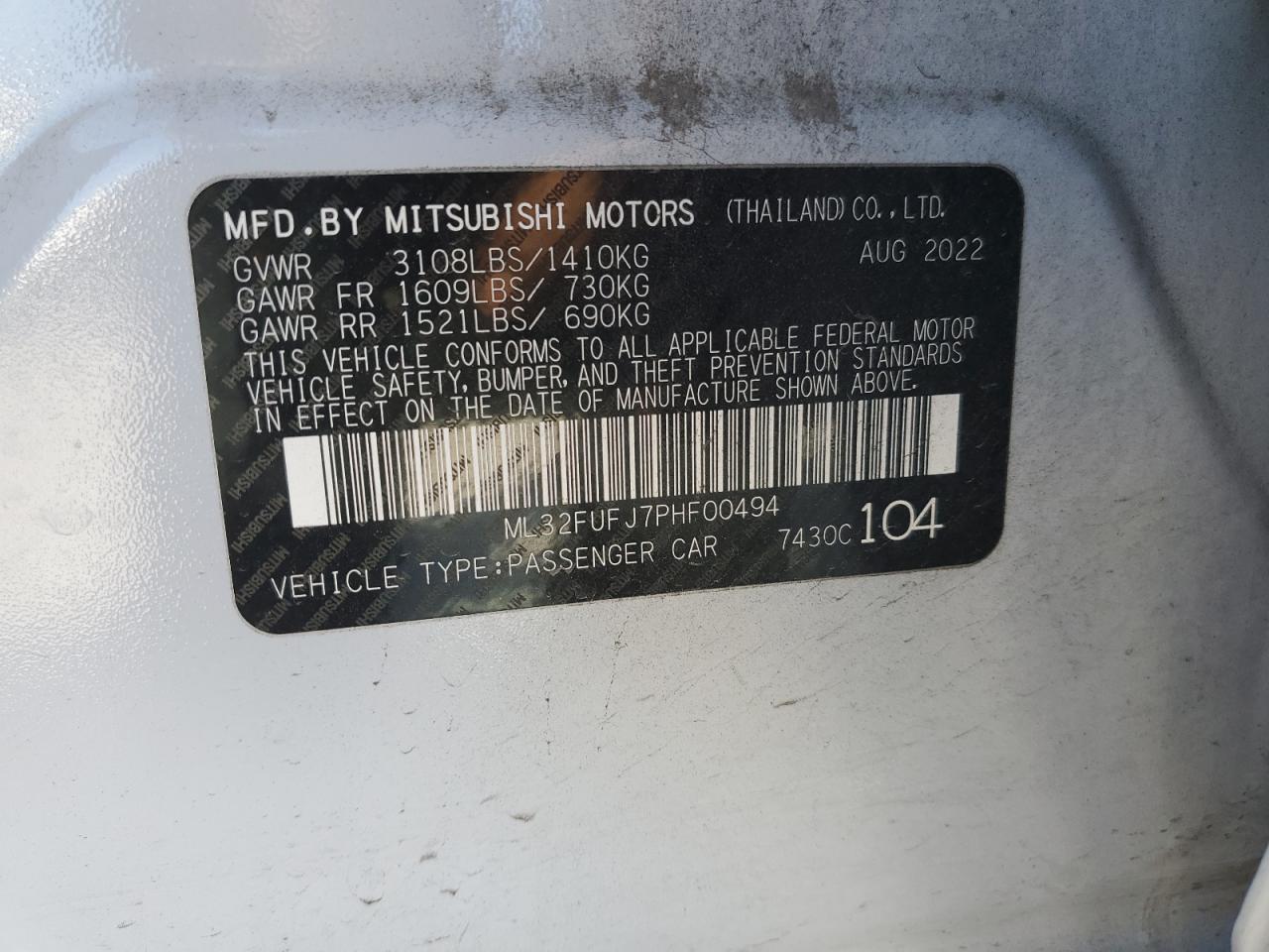 2023 MITSUBISHI MIRAGE G4 ES VIN:ML32FUFJ7PHF00494