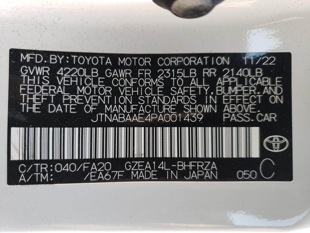 2023 TOYOTA GR COROLLA CORE VIN:JTNABAAE4PA001439