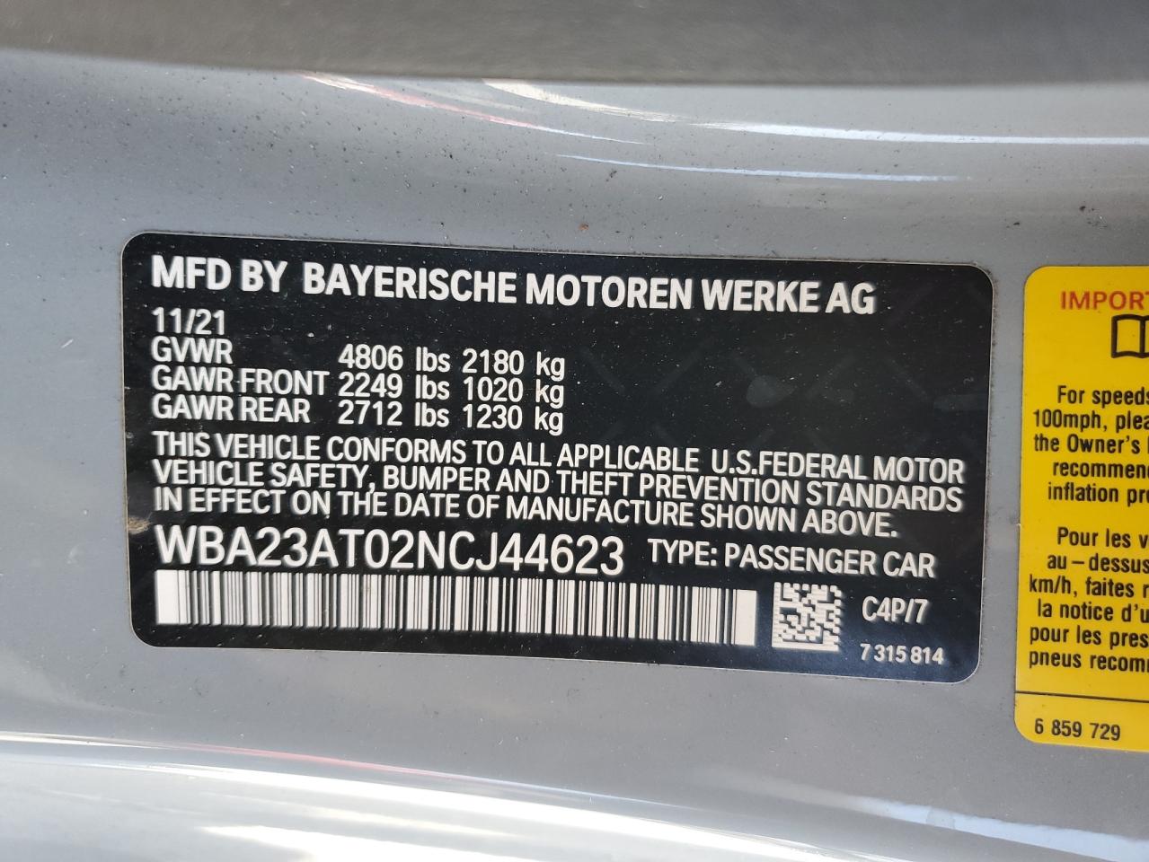 2022 BMW 430I  VIN:WBA23AT02NCJ44623