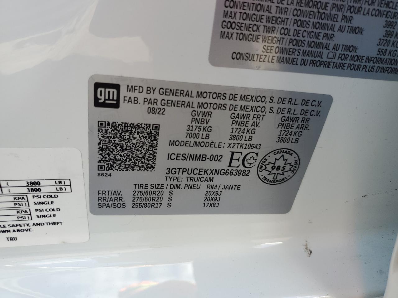 2022 GMC SIERRA K1500 ELEVATION VIN:3GTPUCEKXNG663982