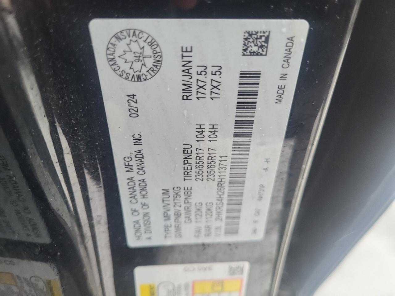 2024 HONDA CR-V LX VIN:2HKRS4H26RH113711