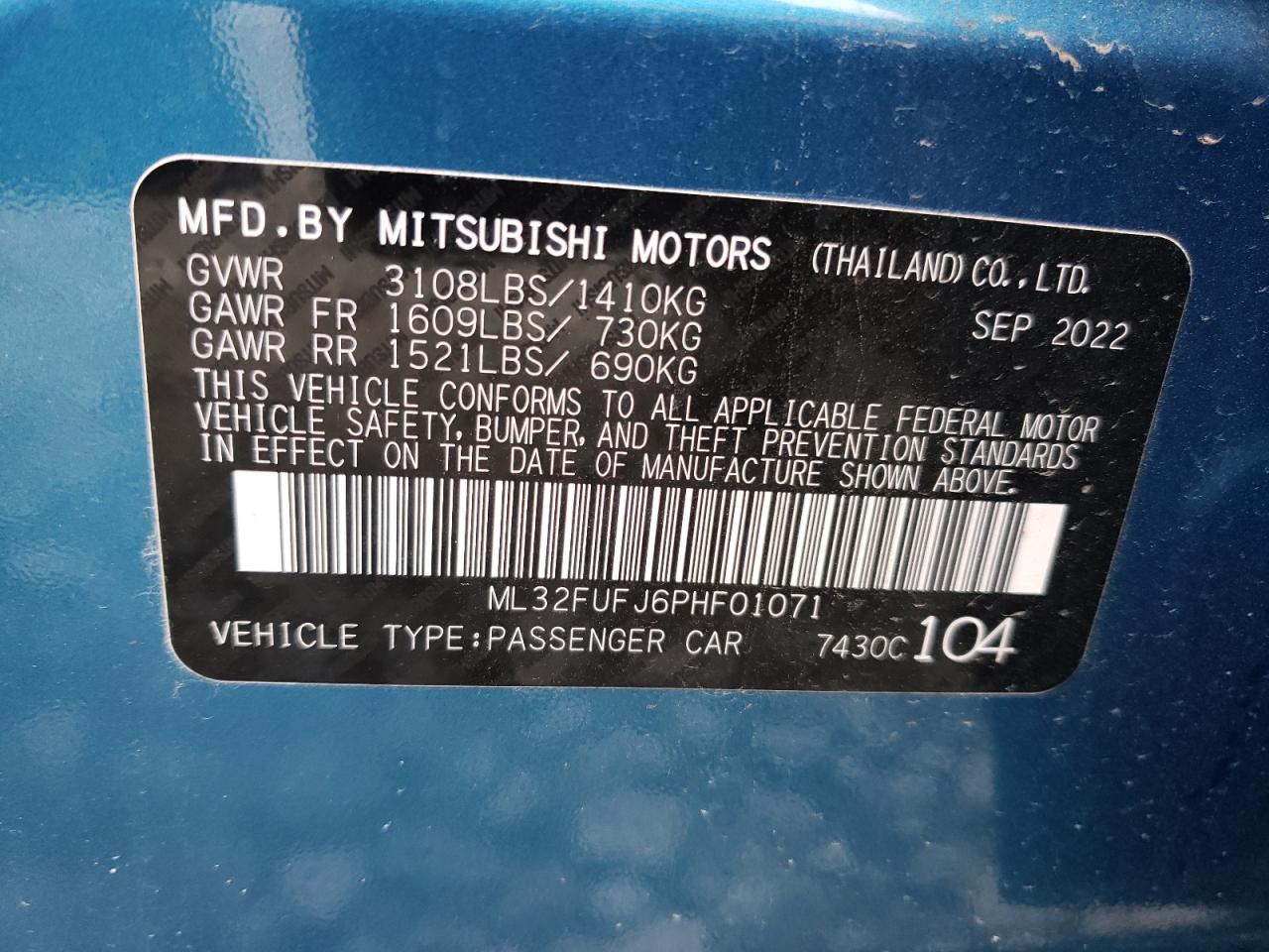 2023 MITSUBISHI MIRAGE G4 ES VIN:ML32FUFJ6PHF01071