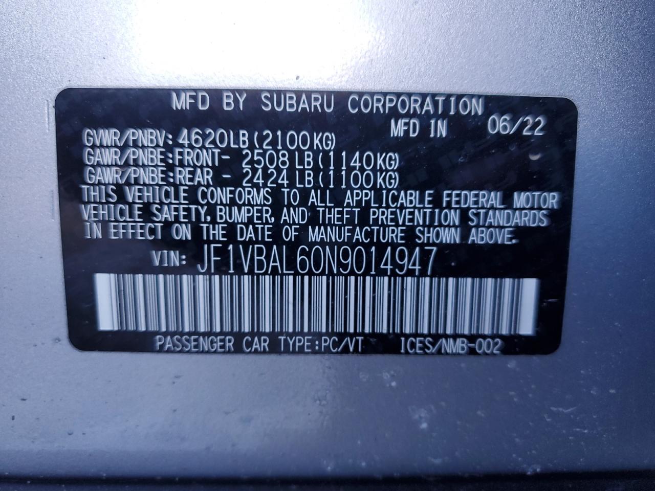 2022 SUBARU WRX LIMITED VIN:JF1VBAL60N9014947