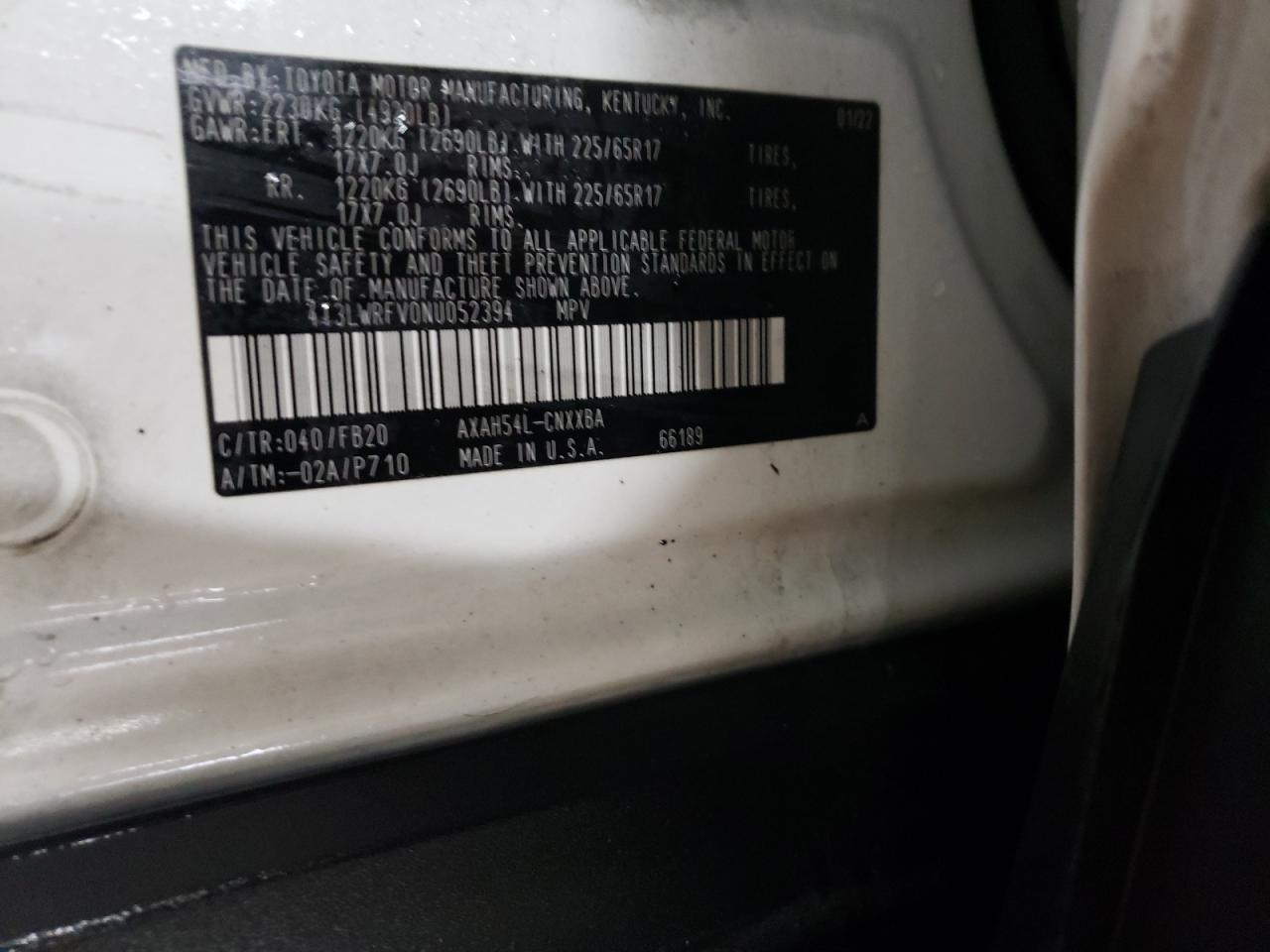 2022 TOYOTA RAV4 LE VIN:4T3LWRFV0NU052394