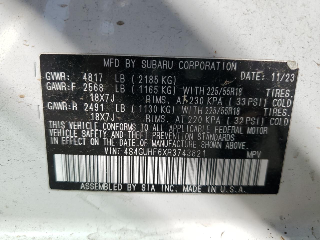 2024 SUBARU CROSSTREK SPORT VIN:4S4GUHF6XR3743821